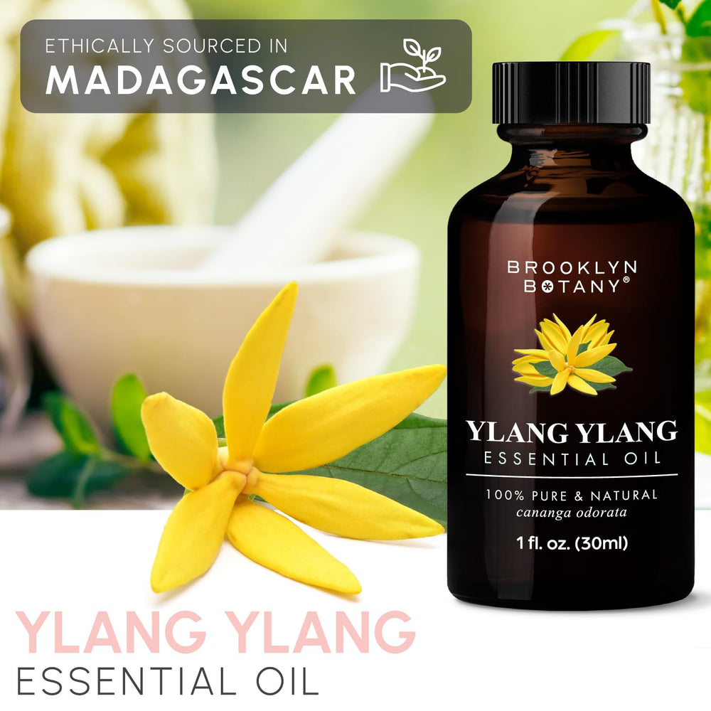 Label closeup confirms product details and oil purity for Brooklyn Botany Ylang Ylang.