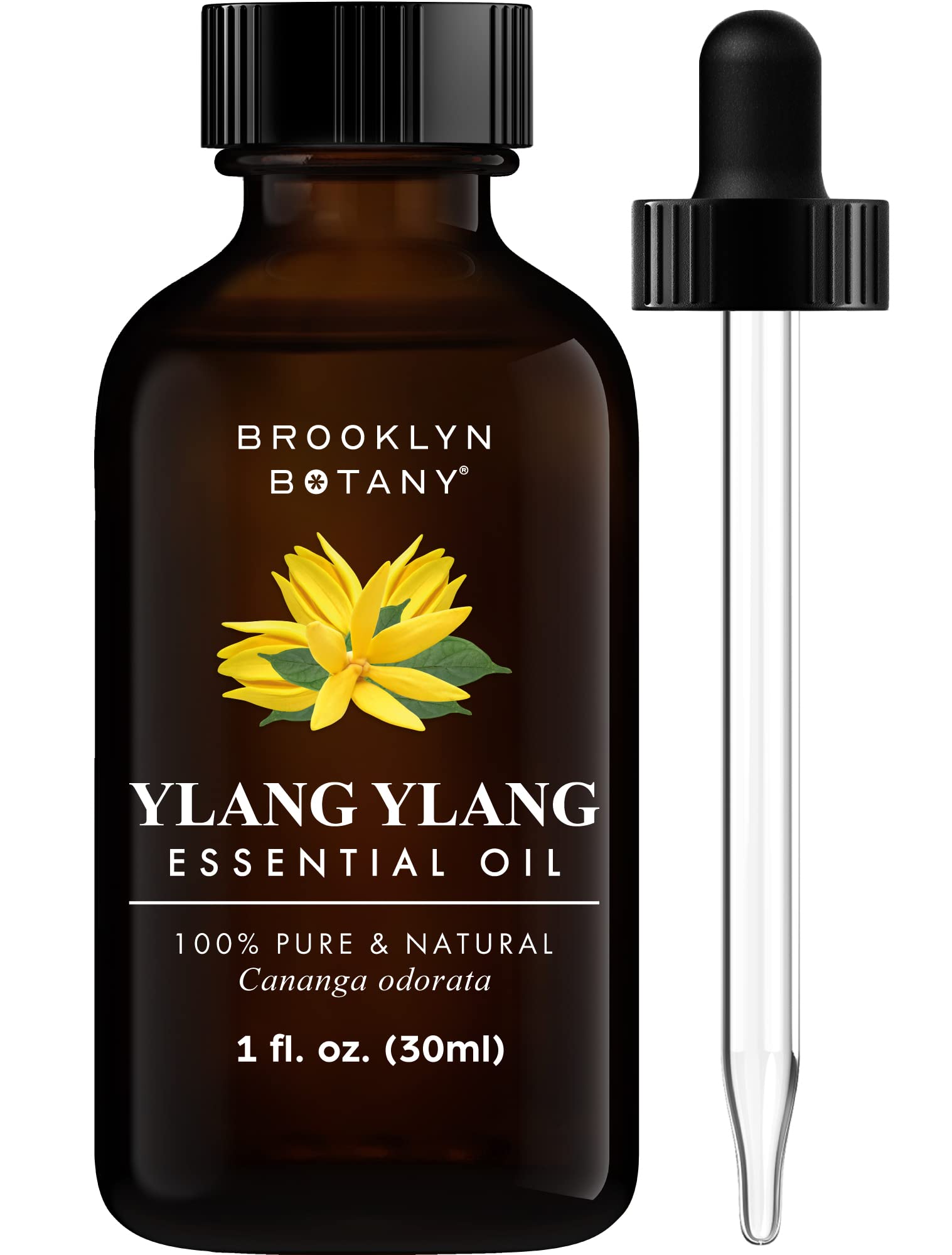Brooklyn Botany Ylang Ylang Oil bottle in amber glass preserves potency for longer use.