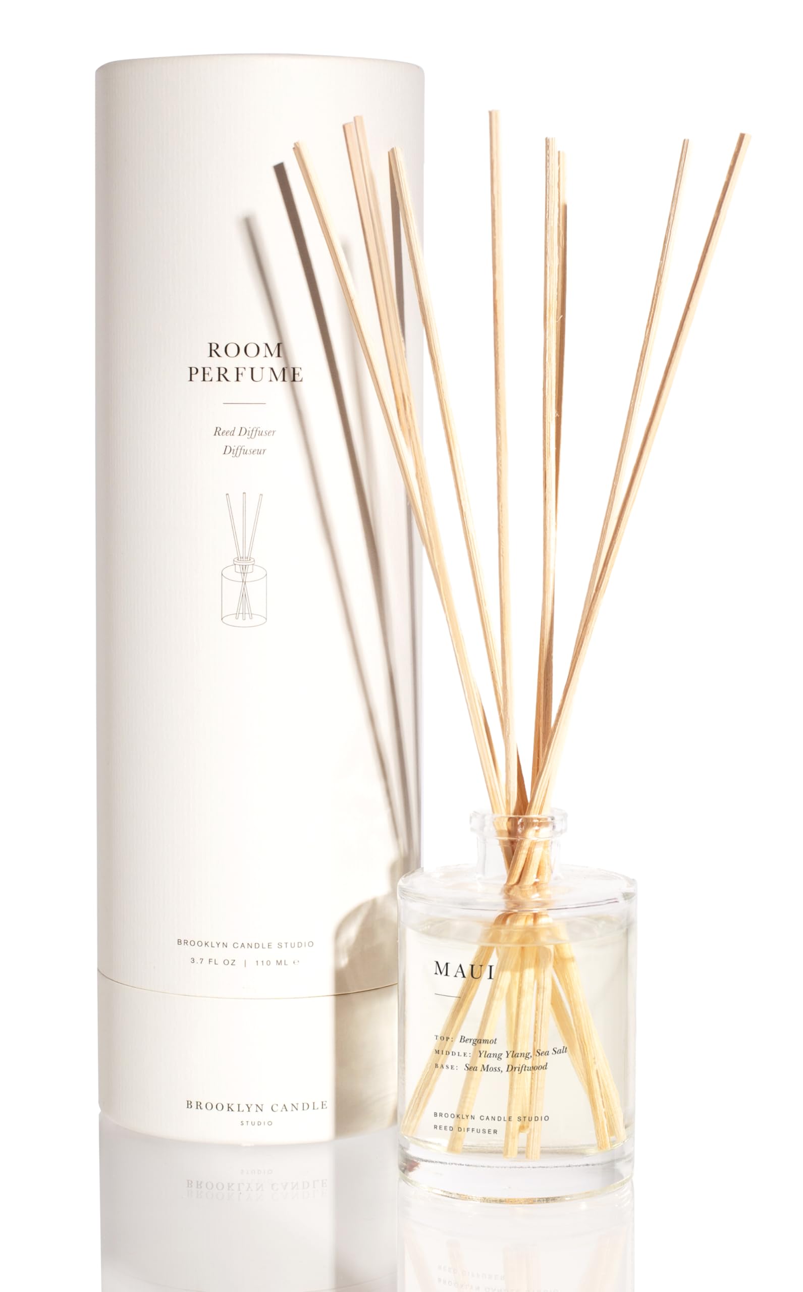 Brooklyn Candle Studio Santorini diffuser bottle shown on a shelf with long-lasting sandalwood and amber scent