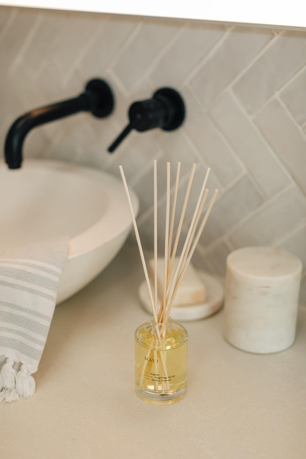 Santorini diffuser in a cozy room setting by Brooklyn Candle Studio