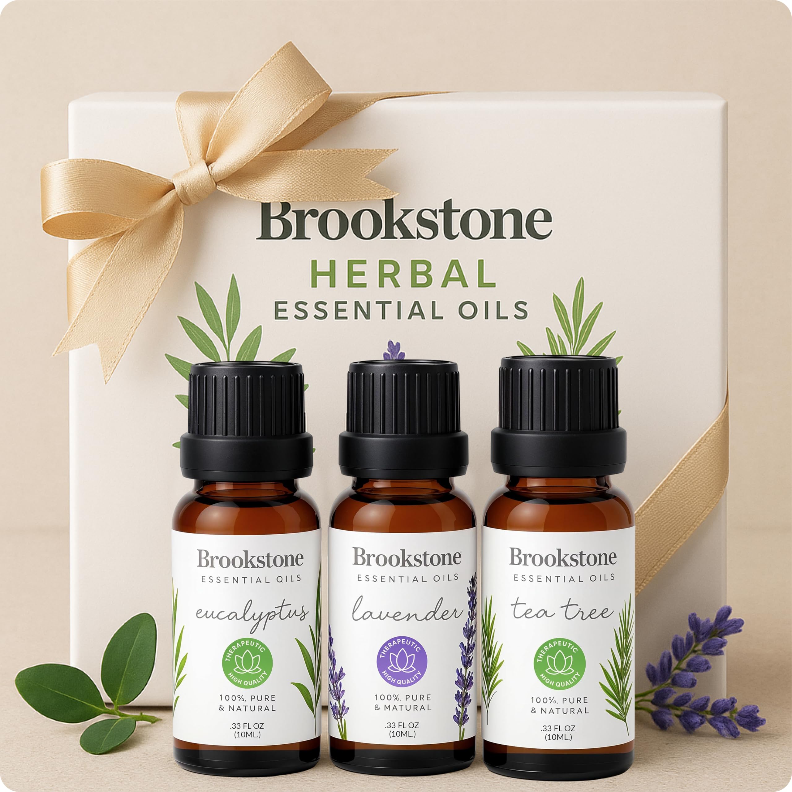 Brookstone essential oil bottles with purity seals and clear labeling for trust.