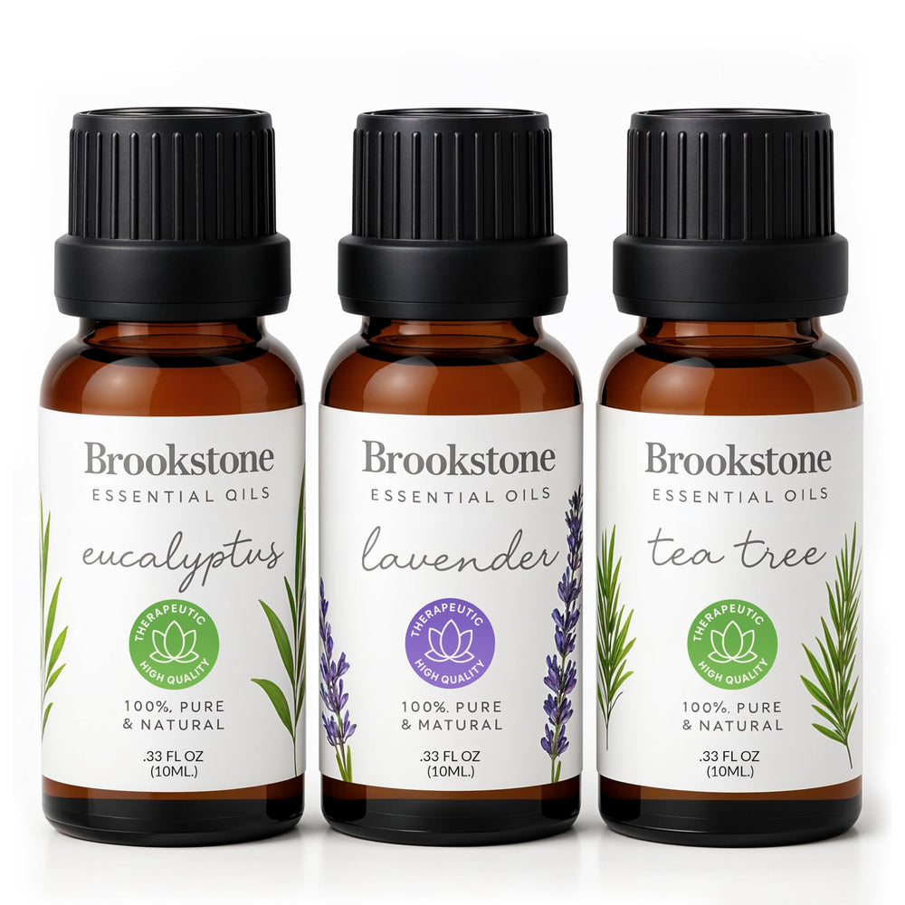 Brookstone eucalyptus essential oil bottle close-up for diffuser use and refreshing aroma.