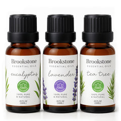 Brookstone eucalyptus essential oil bottle close-up for diffuser use and refreshing aroma.