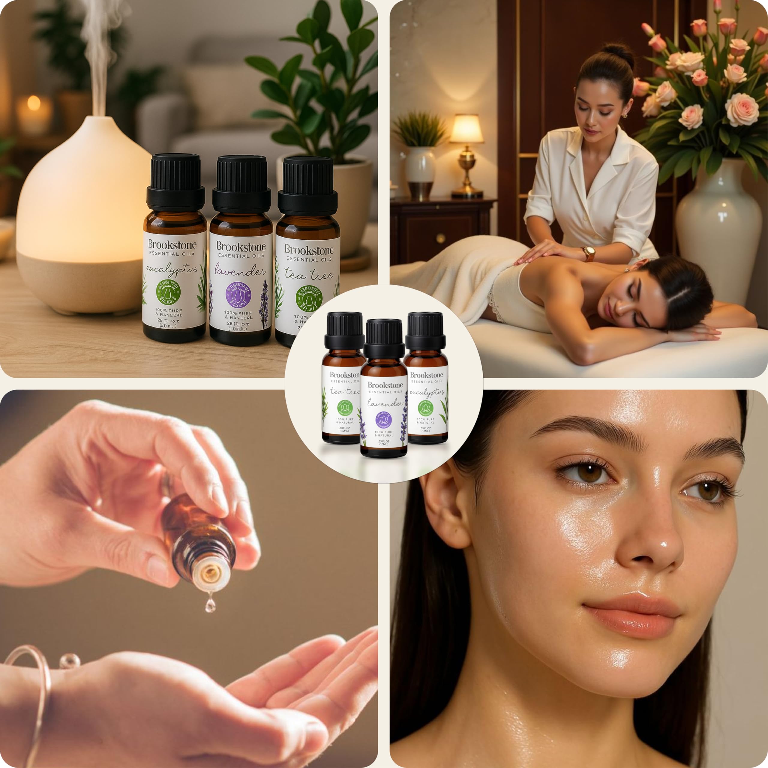 Brookstone herbal oil set pack shows three 10ml bottles for varied uses.