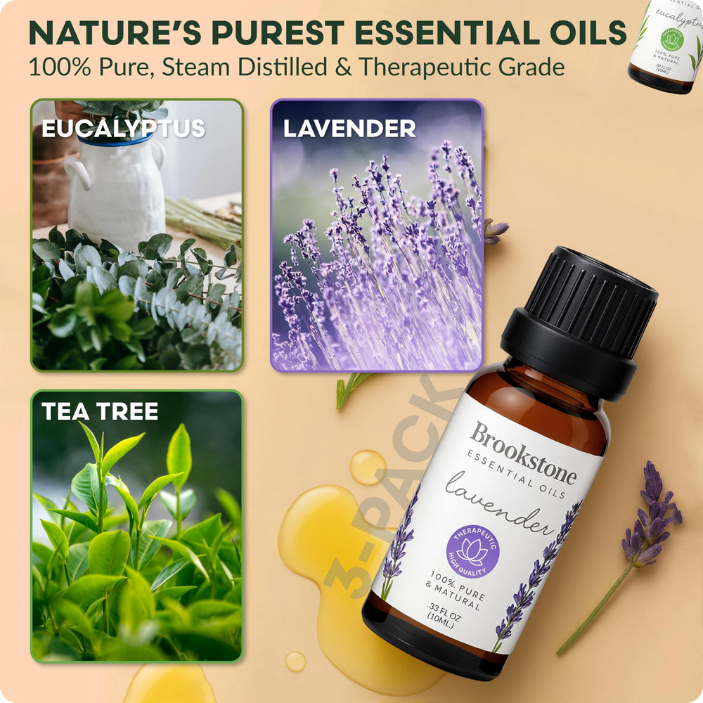 Brookstone lavender essential oil bottle close-up for pillow spray and calming scent.