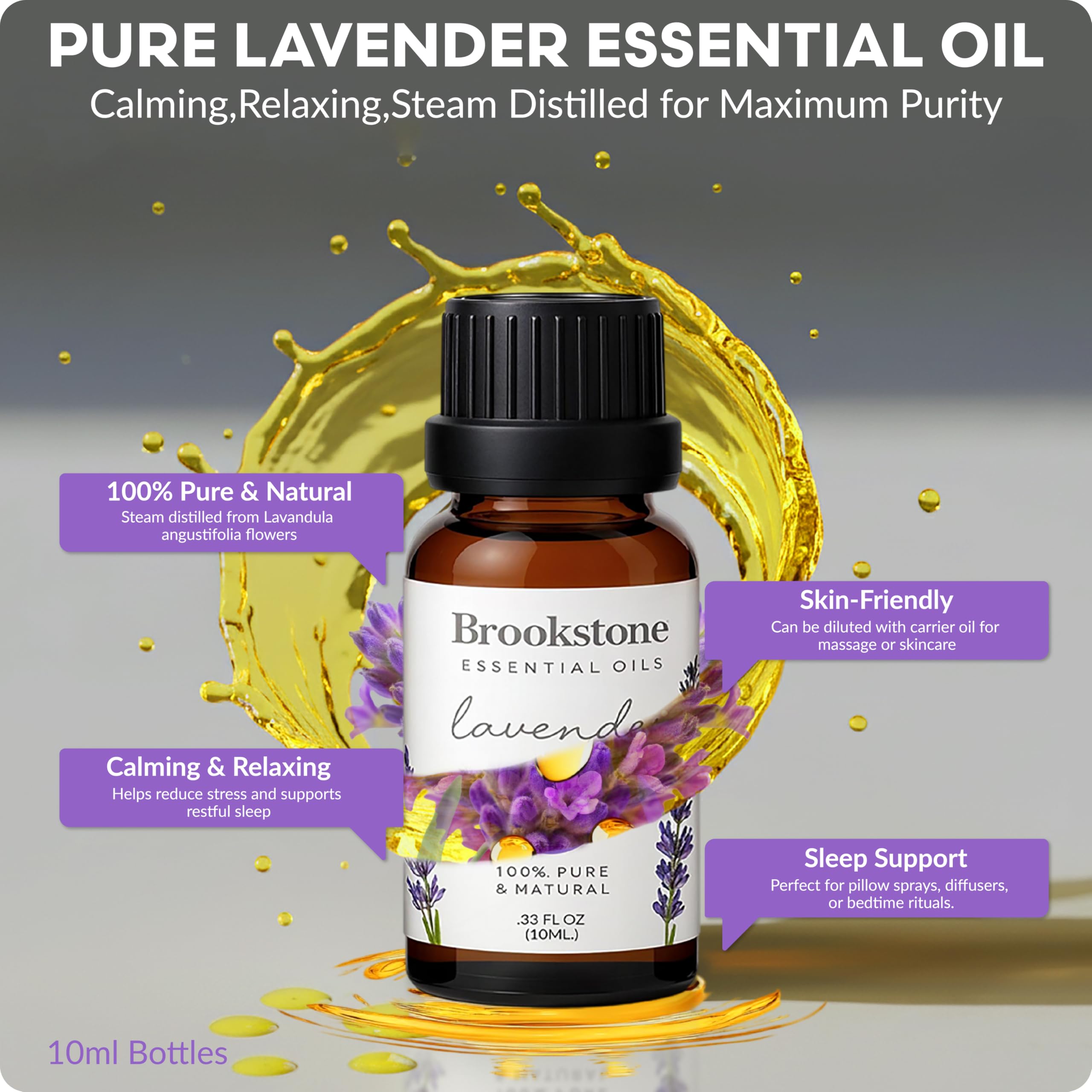 Brookstone lavender bottle close-up highlighting pillow spray and calming aroma.