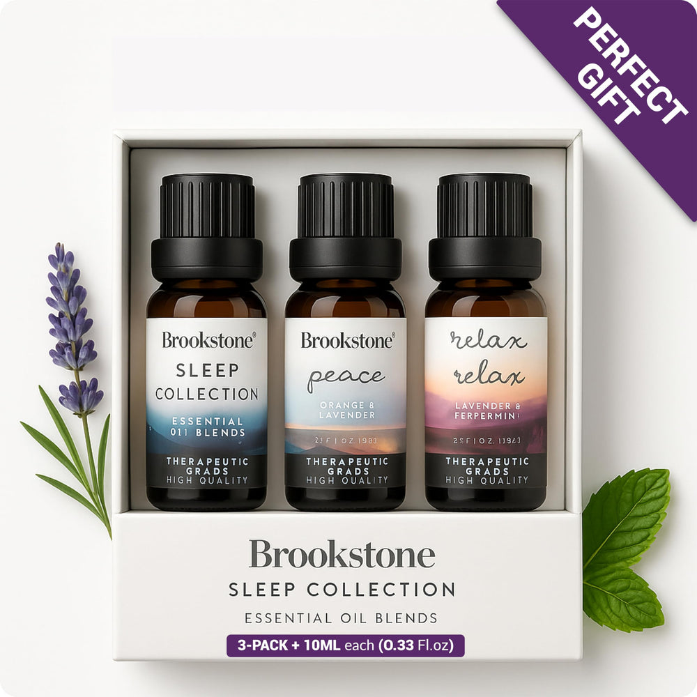 Brookstone Sleep organic oil set displayed for spa-like rituals