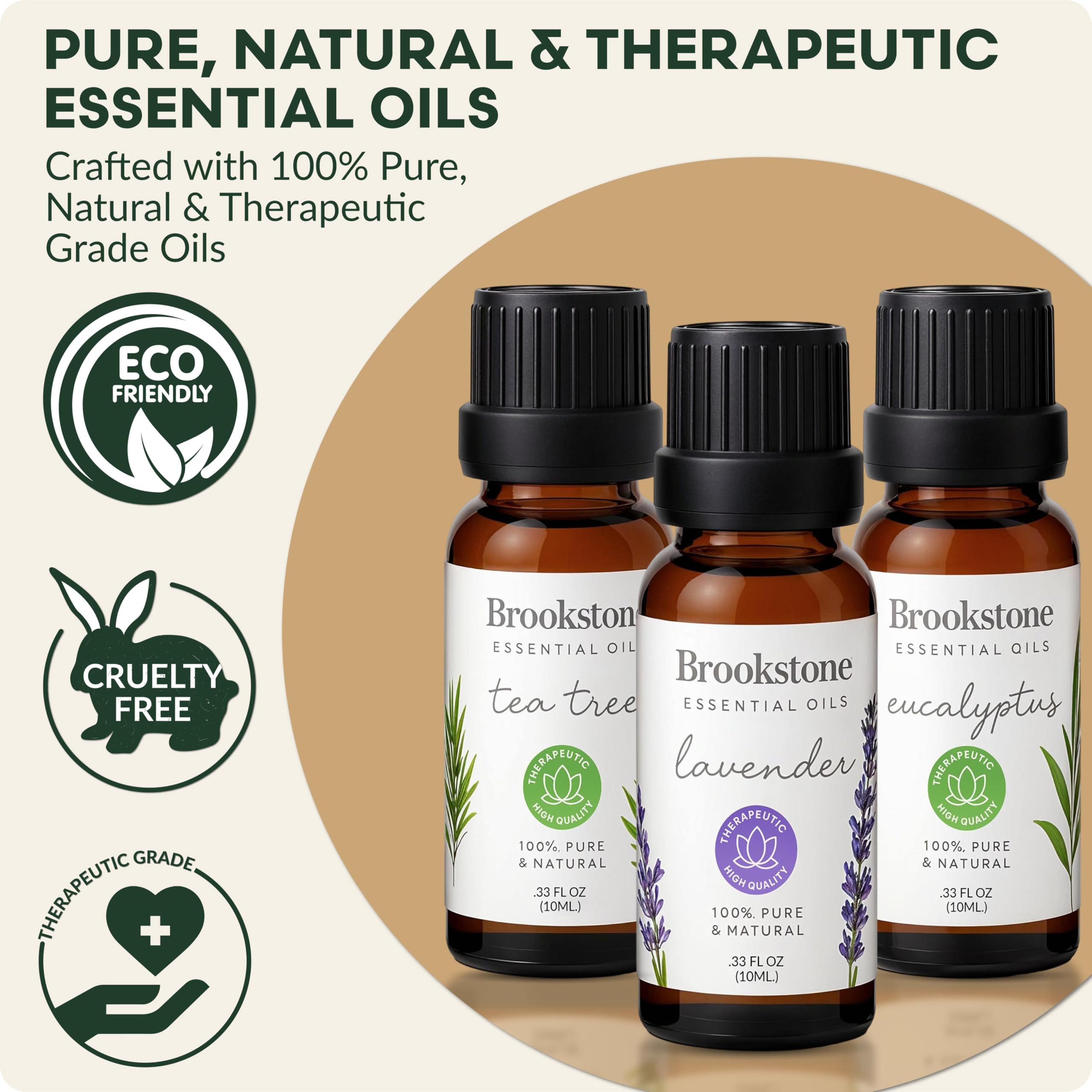 Brookstone tea tree essential oil bottle close-up for topical blends when diluted.