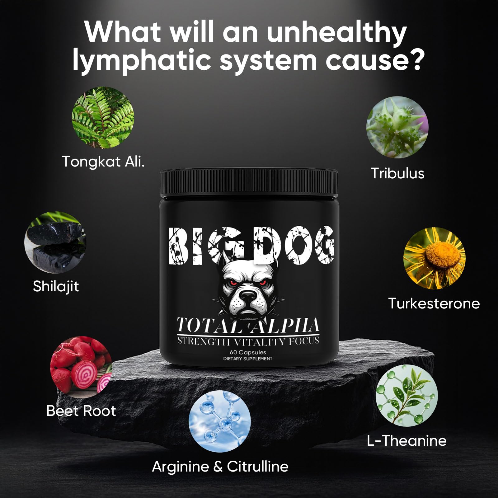 Bruiseweed Big Dog 3-in-1 Total Alpha ingredients close-up, plant-based sources.