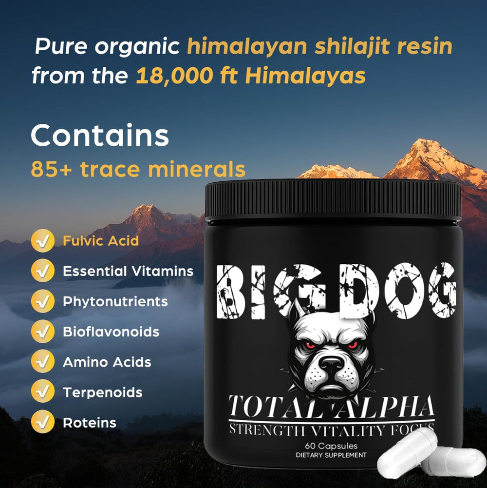 Bruiseweed Big Dog 3-in-1 Total Alpha label, clean non-GMO plant-based formula.