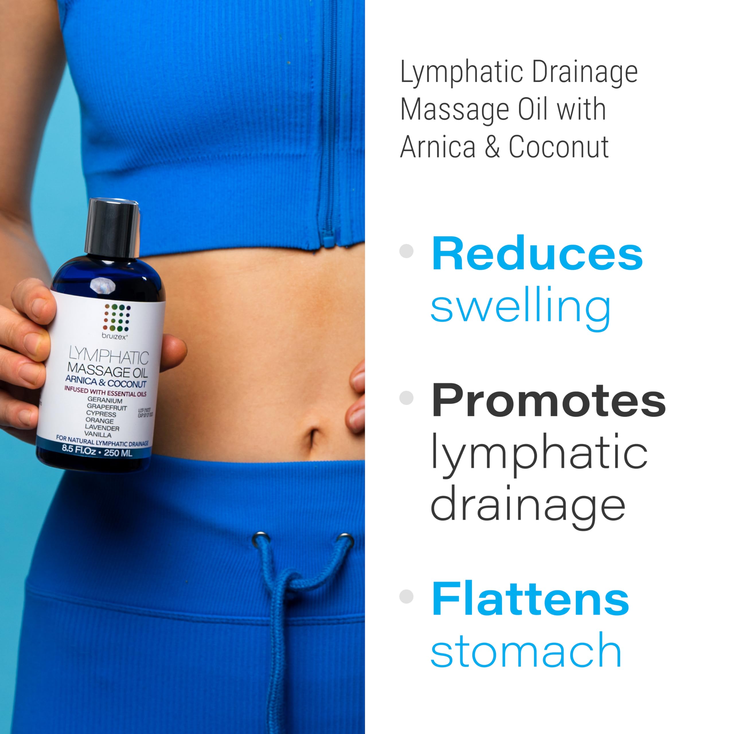 Bruizex Arnica coconut massage oil being applied for gentle lymphatic massage