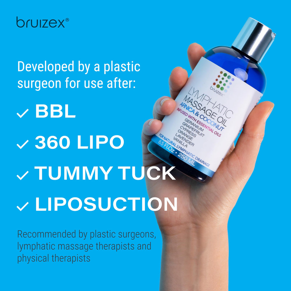 Bruizex oil alongside massage tools showing compatibility with cupping and lymphatic routines