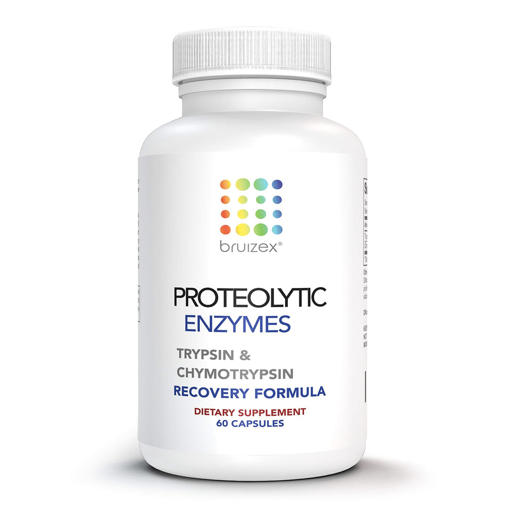 Bruizex Proteolytic Enzymes bottle front view highlighting recovery support