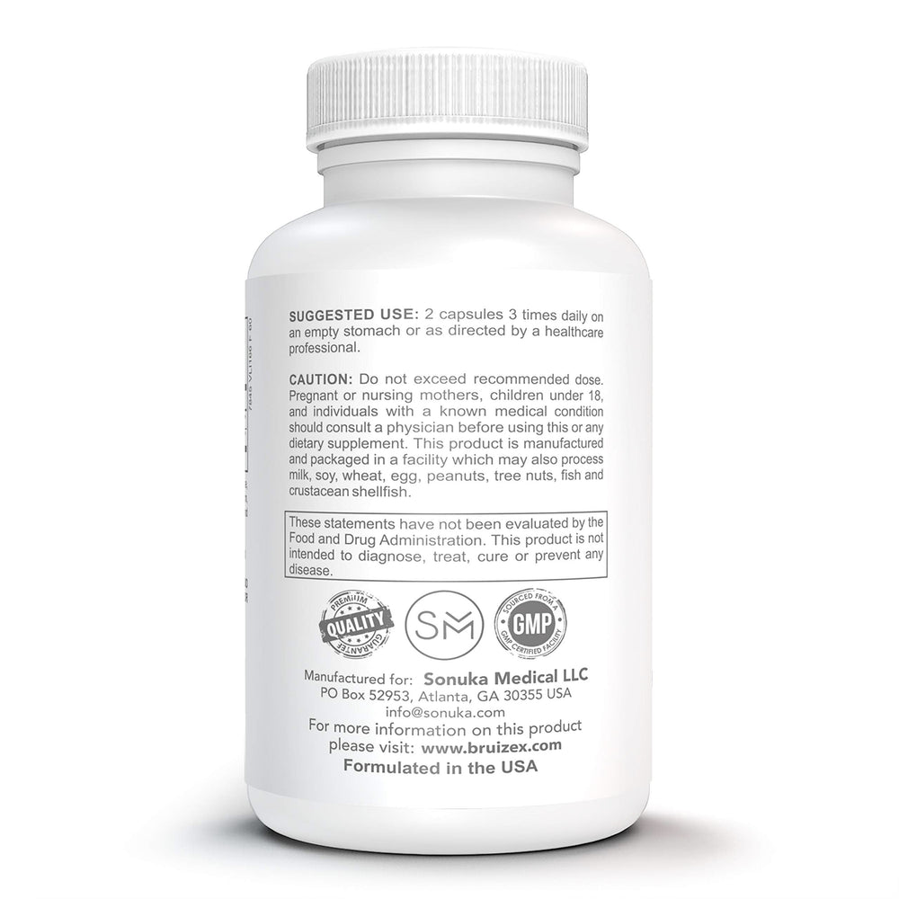 Bruizex label detail showing trypsin and chymotrypsin ingredients and benefits