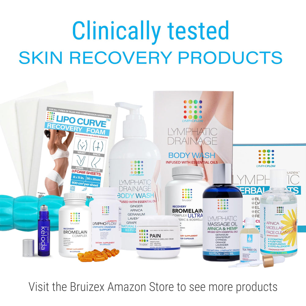 Bruizex bottle on a bedroom nightstand suggesting recovery after a procedure.