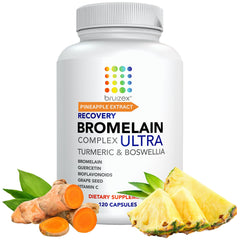 Bruizex Ultra bottle with bromelain capsules for post-injury support.