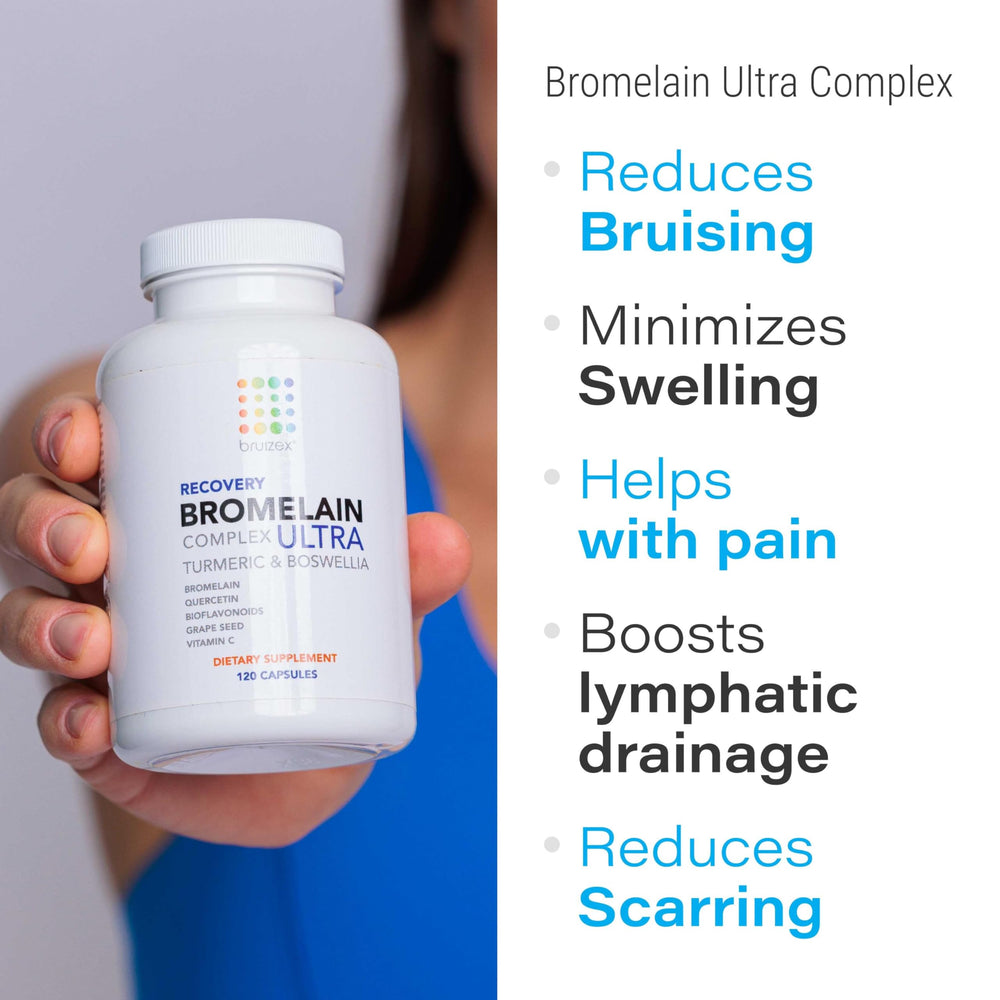 Bruizex Ultra capsules poured from bottle for bruise care.