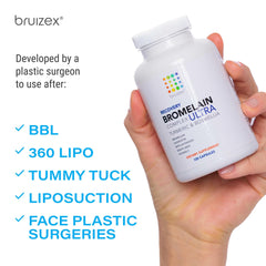 Two Bruizex capsules with a glass of water illustrating dosage options.