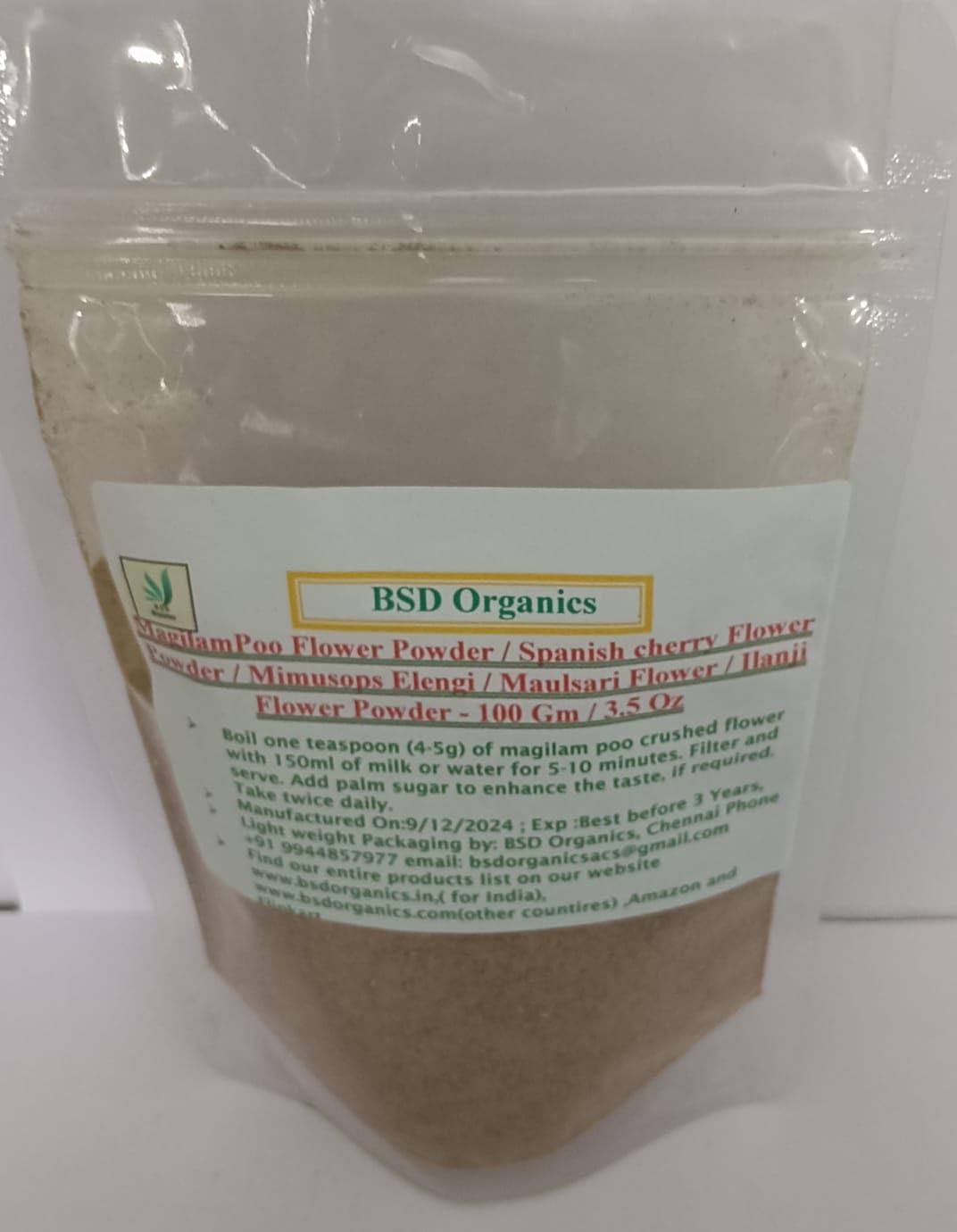 BSD Organics Magilam-Poo Flower Powder ready to blend into a refreshing daily beverage.