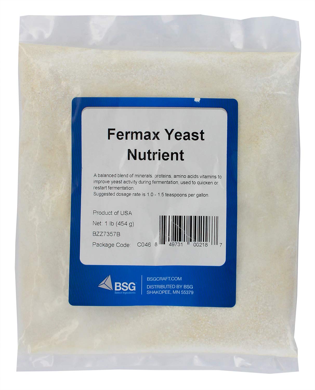 BSG Fermax Yeast Nutrient bag opened, highlighting mineral-protein blend for yeast health.