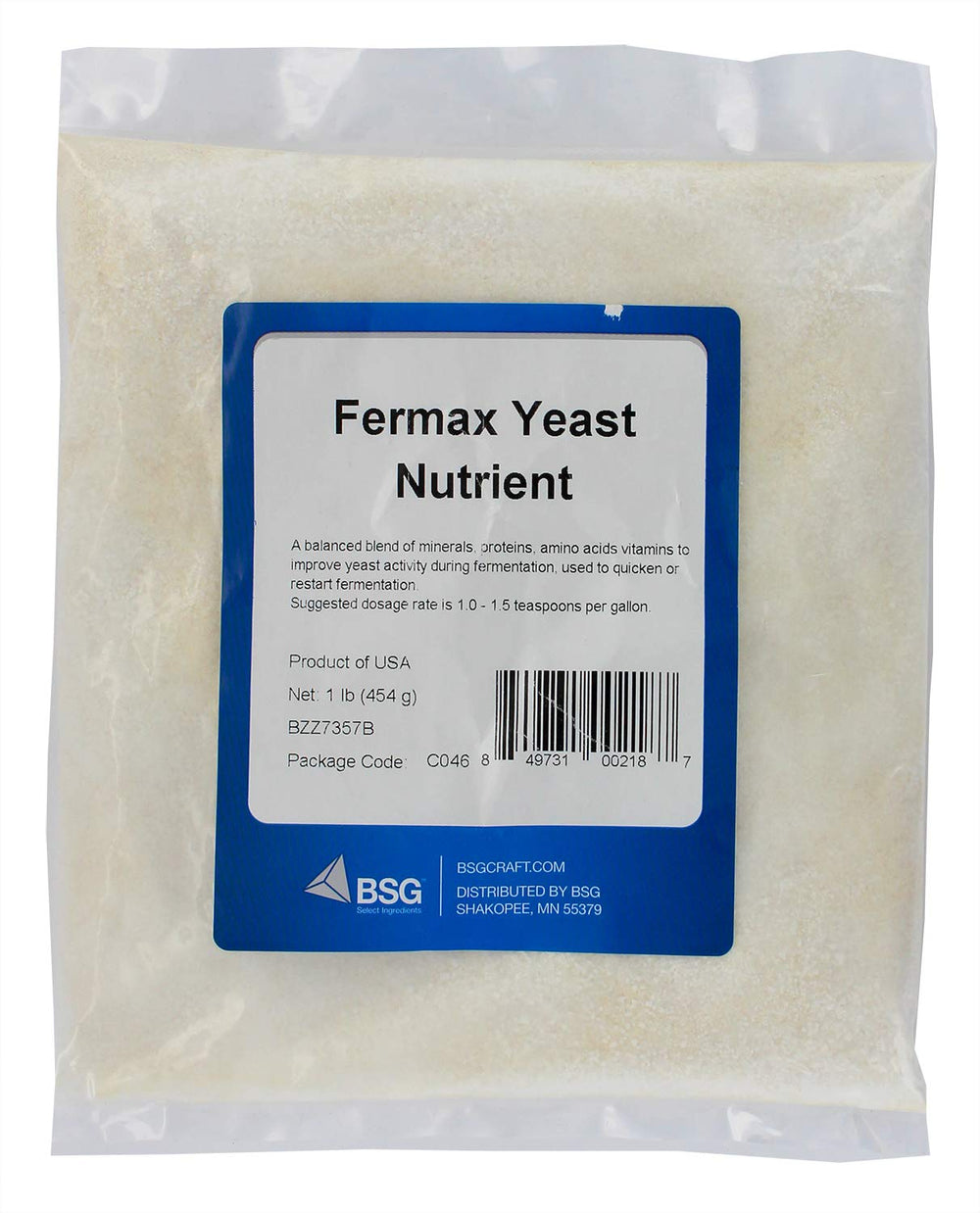 BSG Fermax Yeast Nutrient bag opened, highlighting mineral-protein blend for yeast health.