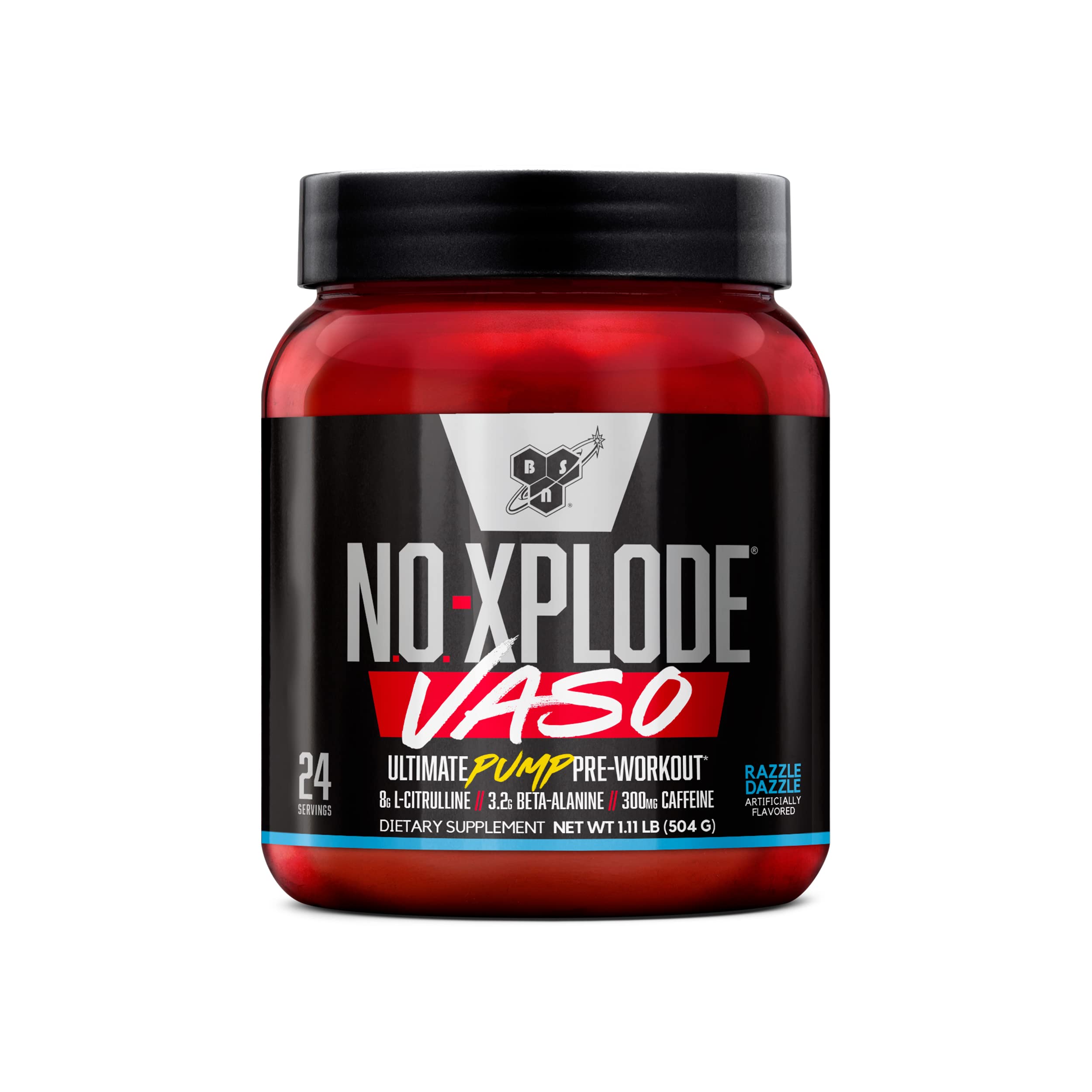 BSN N.O.-XPLODE VASO tub front showing pre-workout packaging for energy and pumps