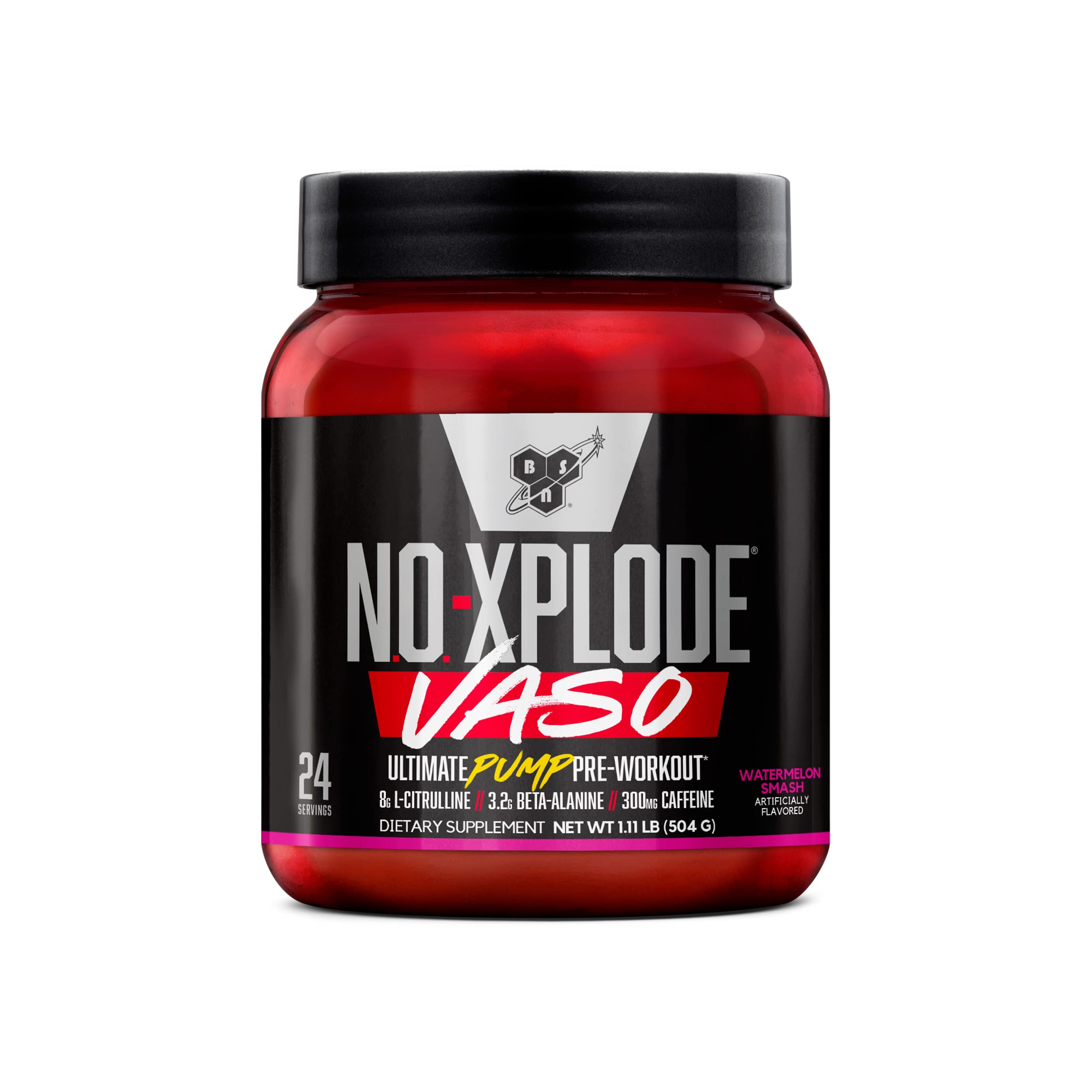 BSN N.O.-XPLODE VASO Watermelon Smash tub label signaling potent pre-workout energy