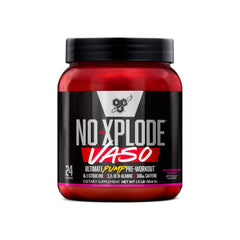 BSN N.O.-XPLODE VASO Watermelon Smash tub label signaling potent pre-workout energy