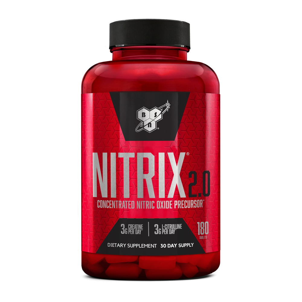 BSN Nitrix 2.0 bottle front shows nitric oxide for workouts and endurance