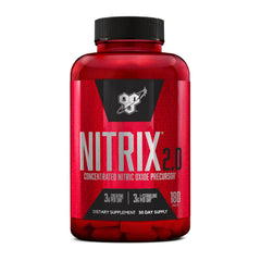 BSN Nitrix 2.0 bottle front shows nitric oxide for workouts and endurance