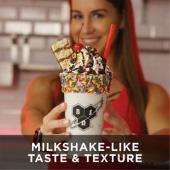 BSN SYNTHA-6 chocolate milkshake glass suggests indulgent flavor for a satisfying snack.