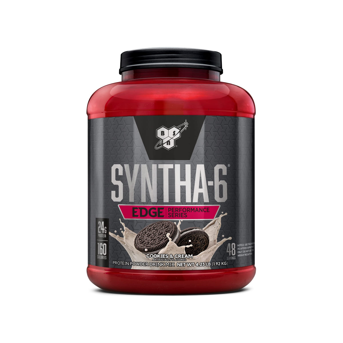 BSN SYNTHA-6 EDGE cookies n cream tub front view, flavorful protein option for daily needs