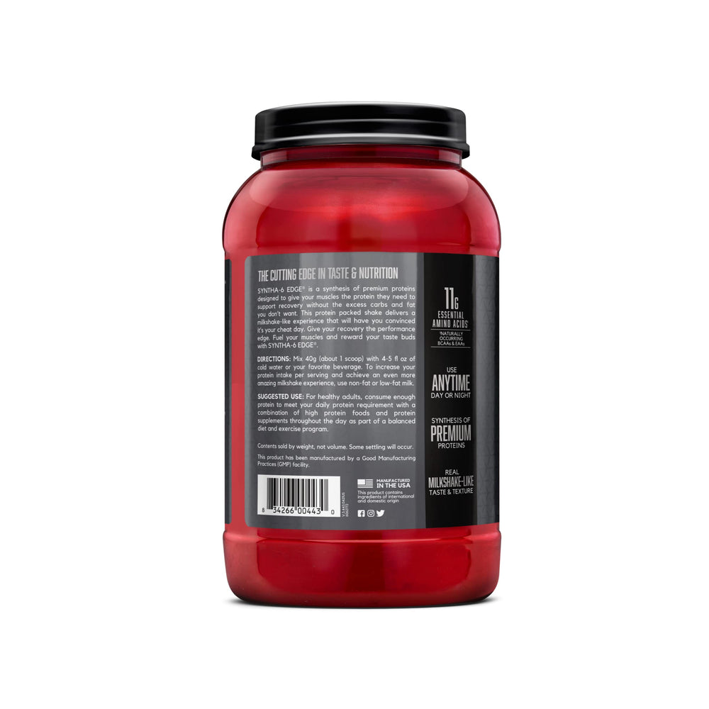 BSN SYNTHA-6 Edge nutrition label closeup highlights low sugar and high protein.