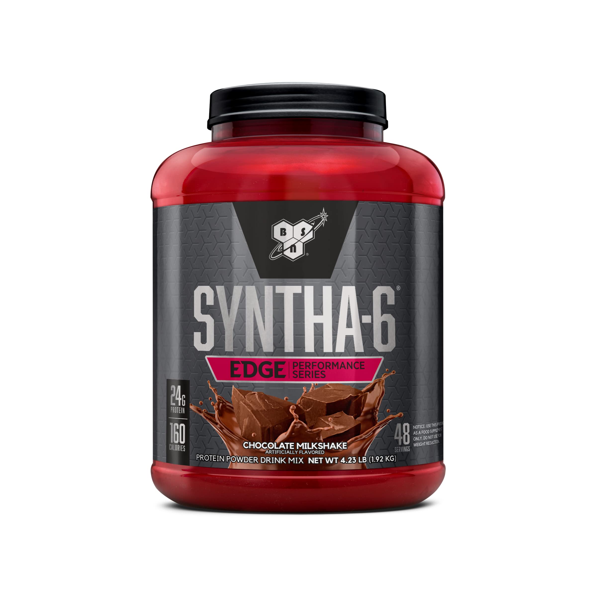 BSN SYNTHA-6 EDGE chocolate protein bottle shows creamy flavor and smooth shake
