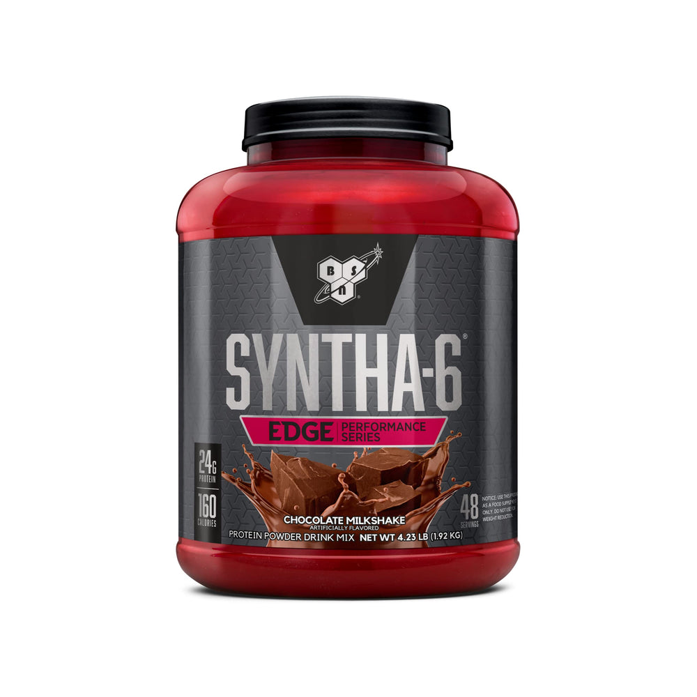 BSN SYNTHA-6 EDGE chocolate protein bottle shows creamy flavor and smooth shake