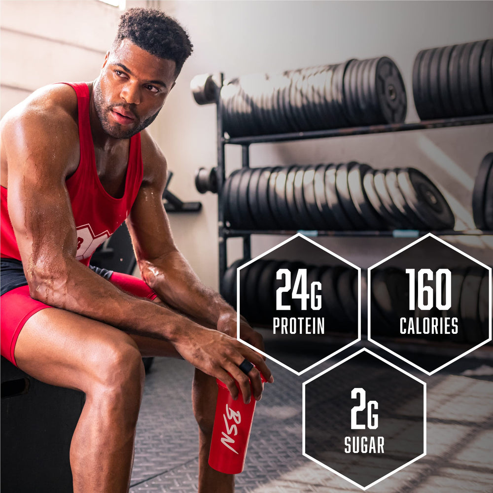 BSN Syntha-6 Edge strawberry milkshake in glass with creamy texture.