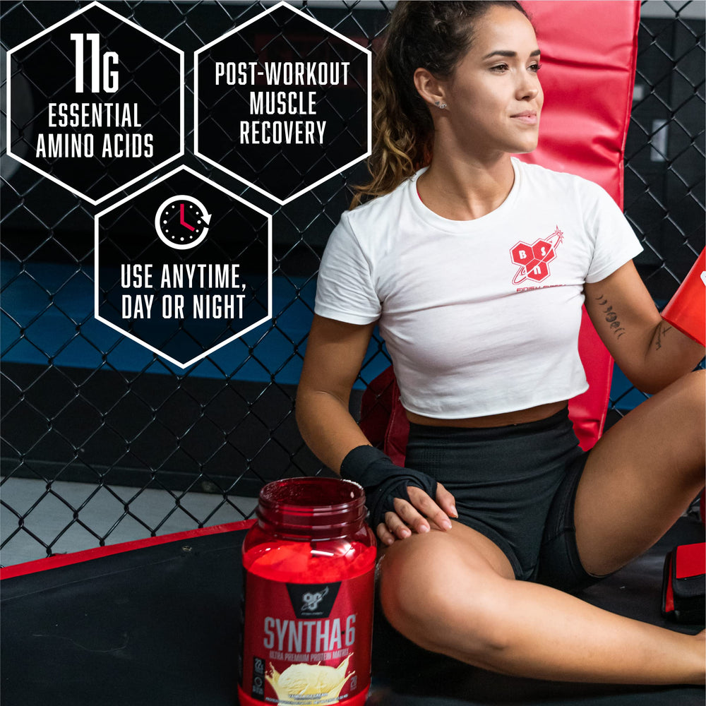 BSN SYNTHA-6 Edge vanilla bottle sits on a counter, ready to mix.