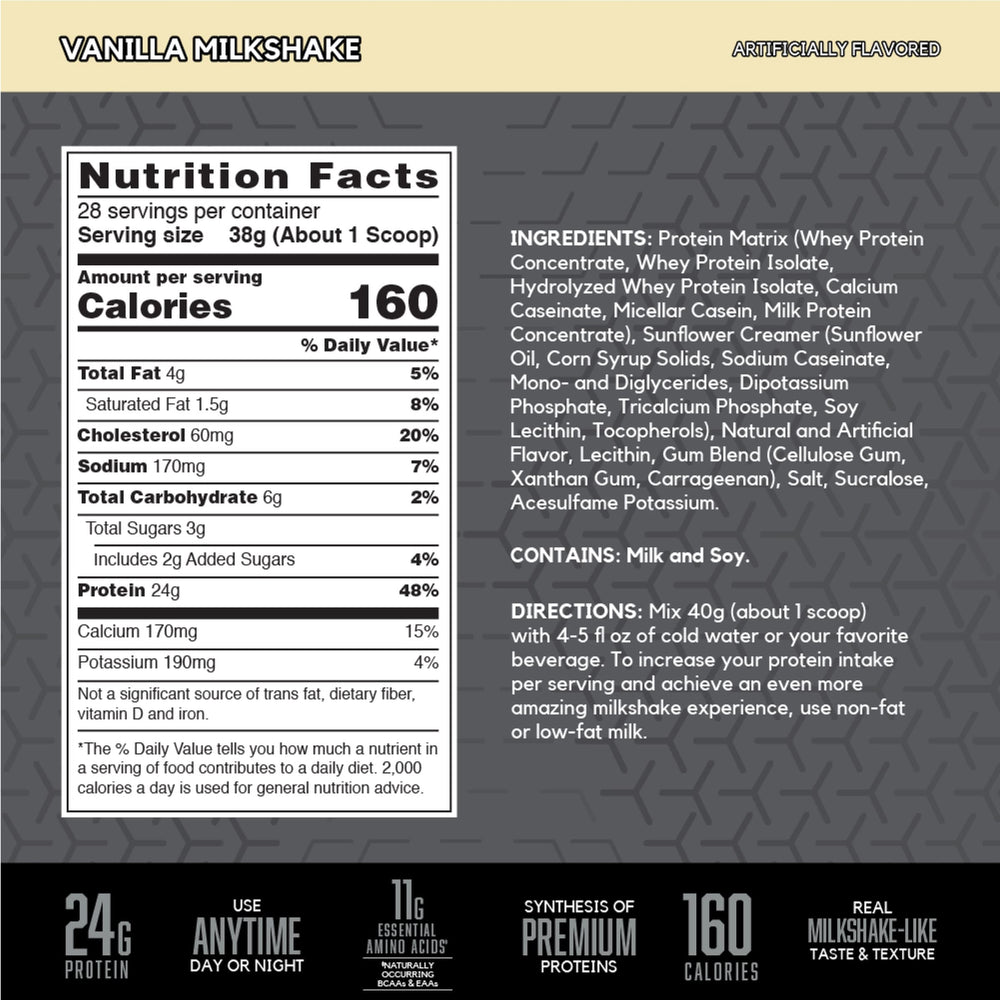 BSN SYNTHA-6 Edge vanilla protein blend close-up reveals a six-protein matrix.