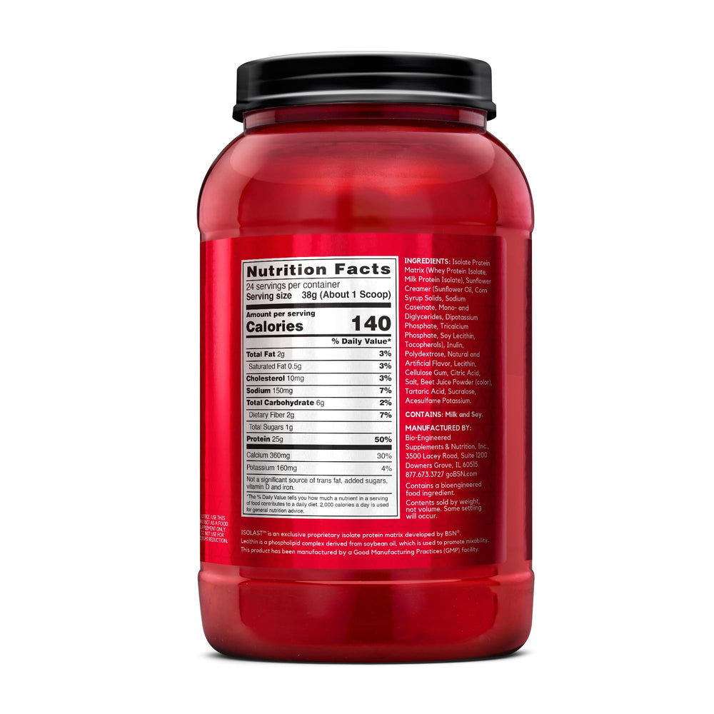 BSN SYNTHA-6 ISOLATE nutrition panel with EAAs per serving.