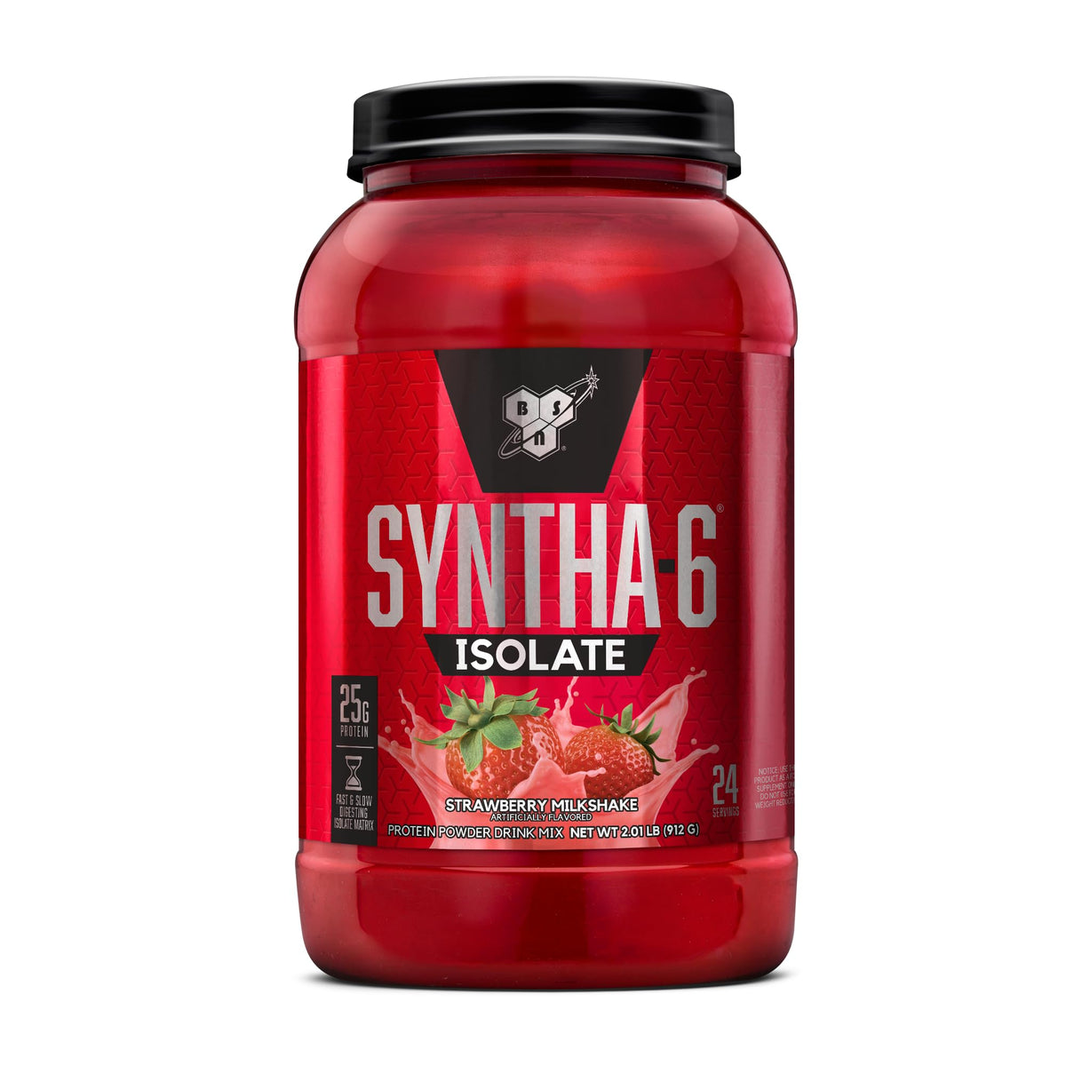 BSN SYNTHA-6 ISOLATE strawberry milkshake tub, high-protein post-workout option.