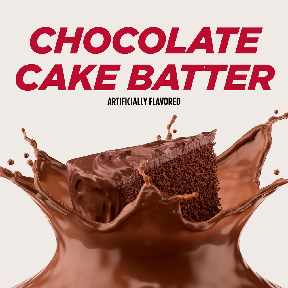Scoop in a glass of shake shows rich flavor and 22g protein per serving.