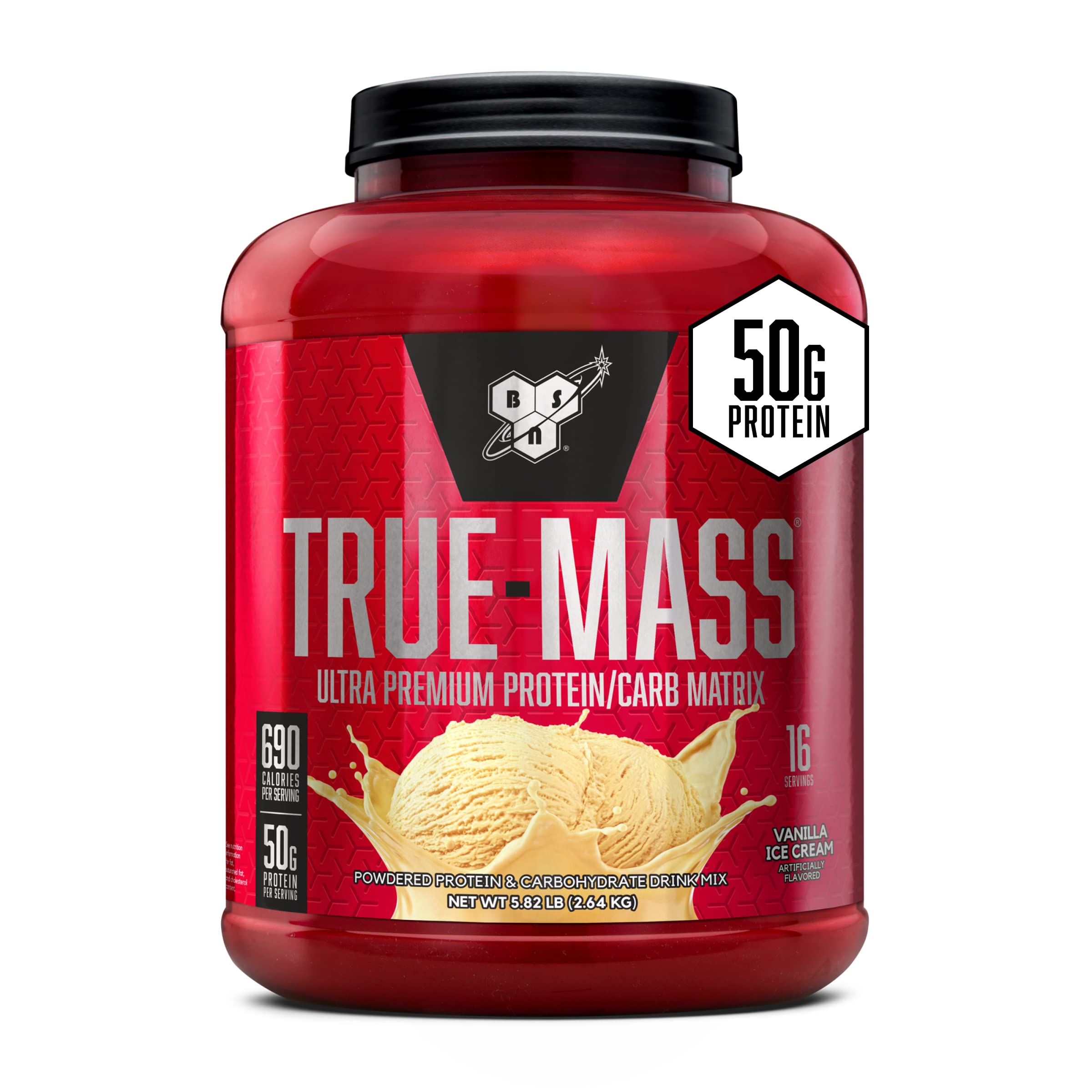 BSN TRUE-MASS bottle shown for mass-building nutrition before workouts