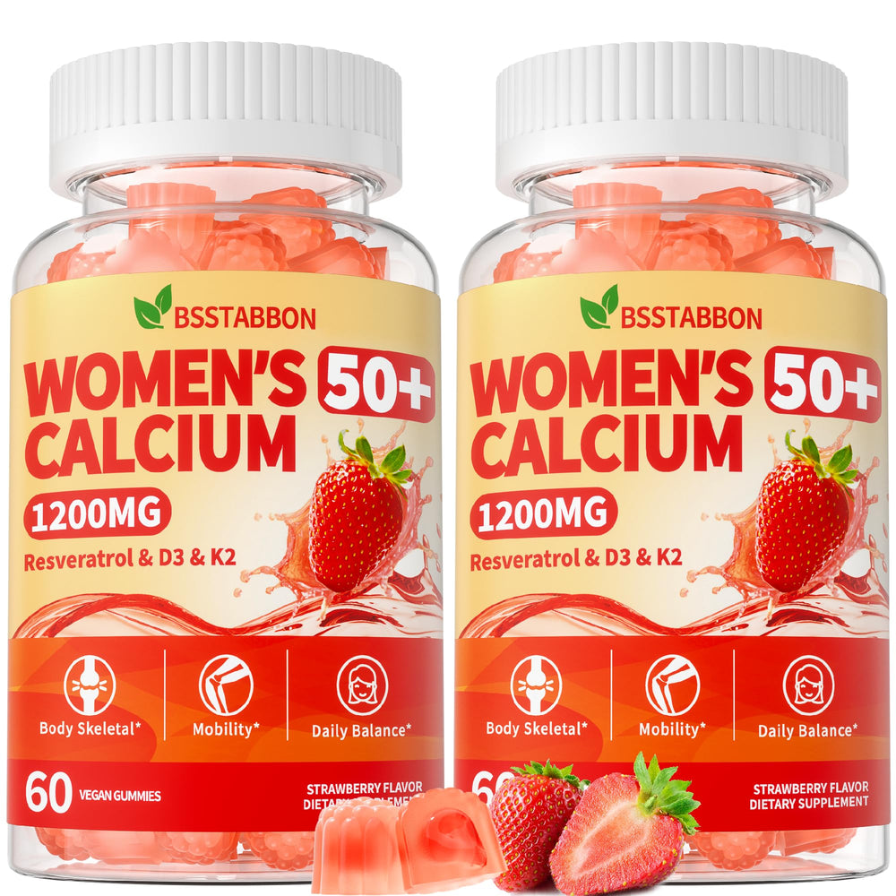 BSSTABBON 50+ Calcium Citrate Gummies bottle front highlights a vegan sugar-free supplement.