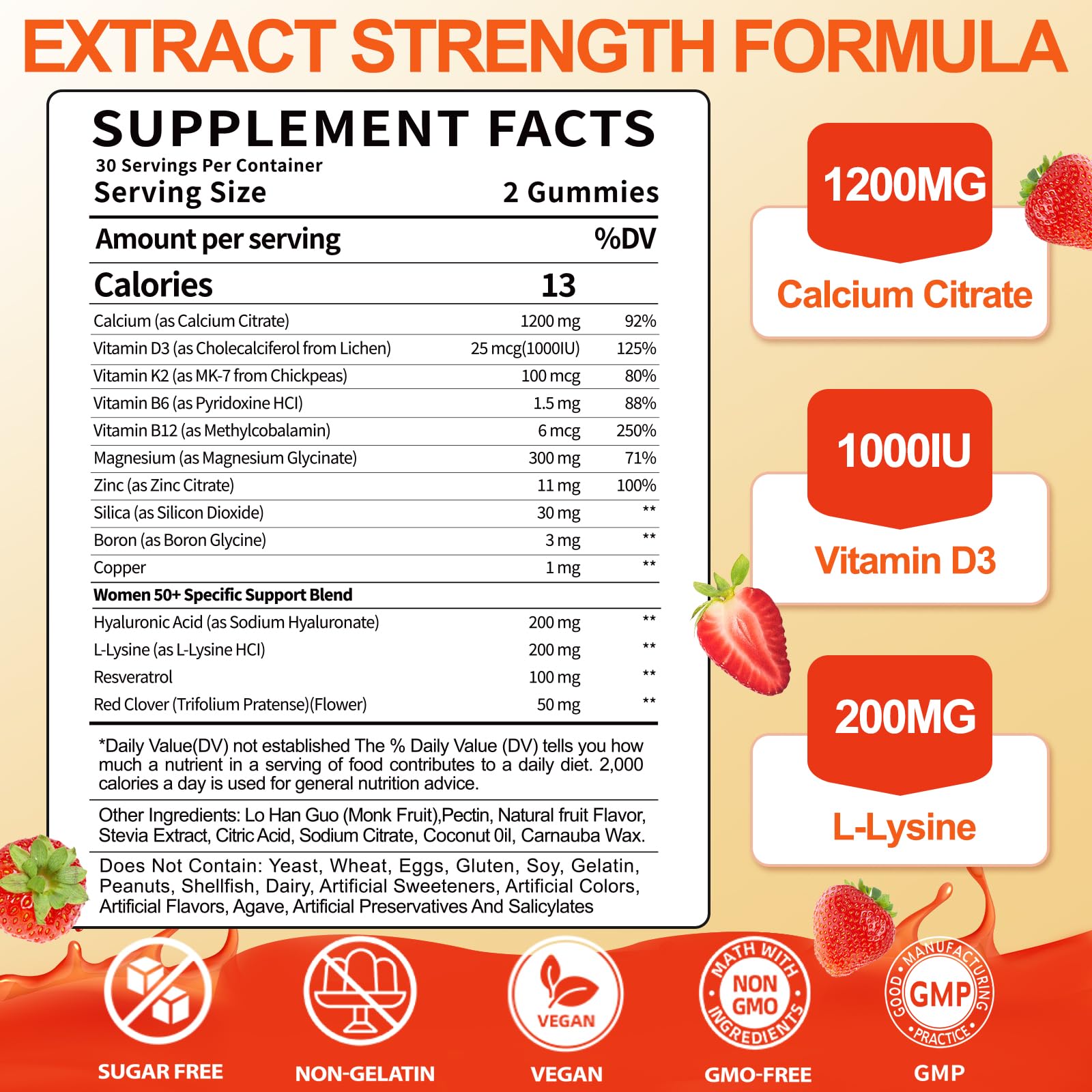 BSSTABBON 50+ calcium citrate gummies closeup shows chewy texture ideal for daily calcium support.