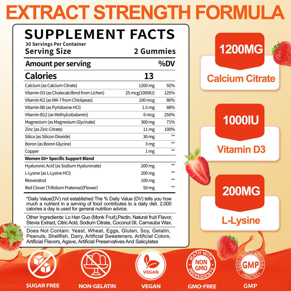 BSSTABBON 50+ calcium citrate gummies closeup shows chewy texture ideal for daily calcium support.