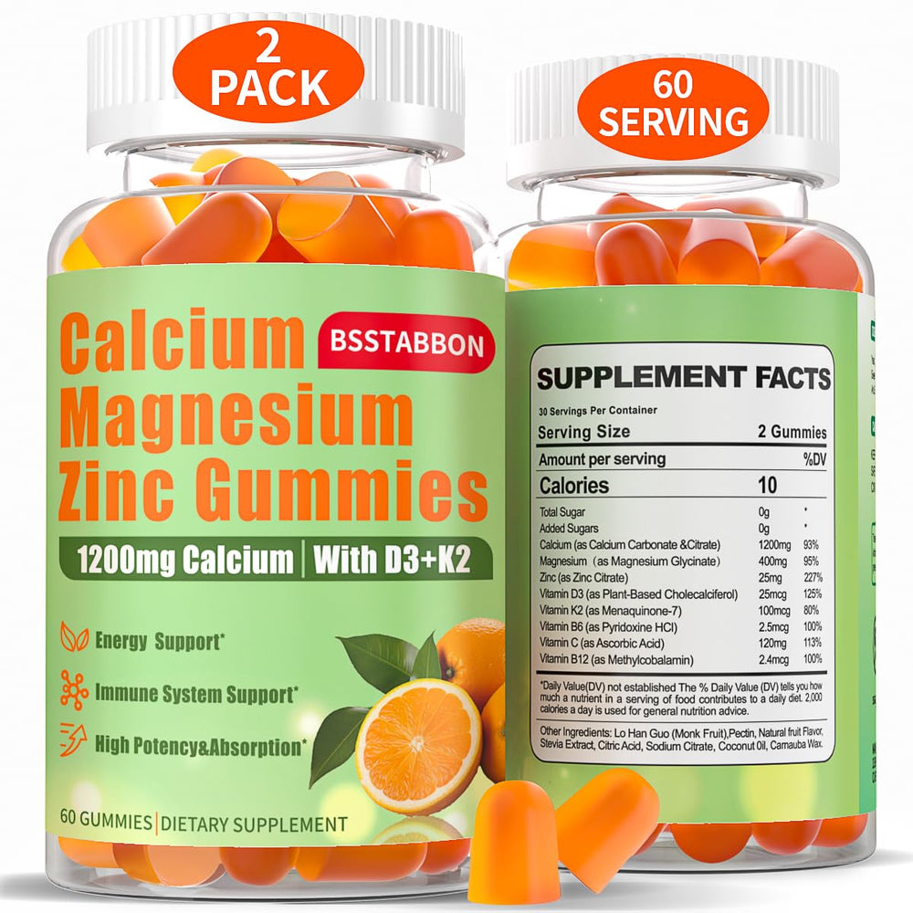 BSSTABBON calcium magnesium zinc gummies bottle with orange flavor for easy calcium intake.