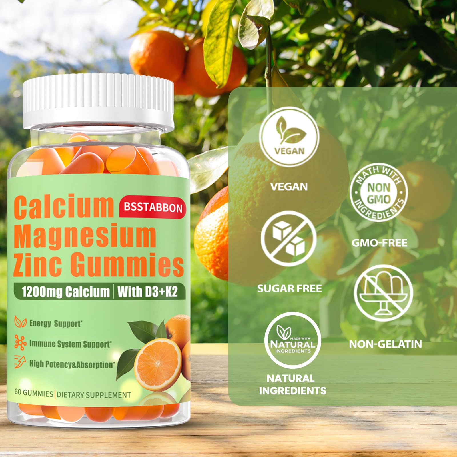 BSSTABBON high-absorption calcium gummies highlighting citrate and magnesium glycinate.