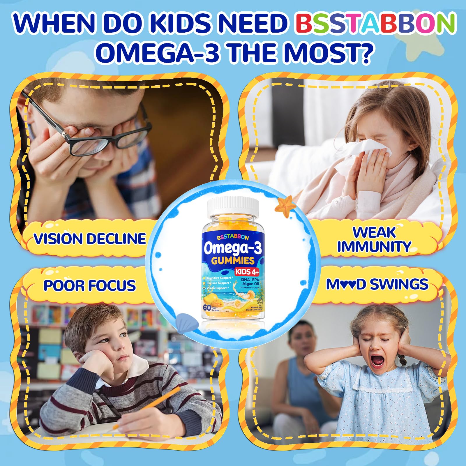 BSSTABBON packaging label highlights vegan, sugar-free omega-3 formula benefits.