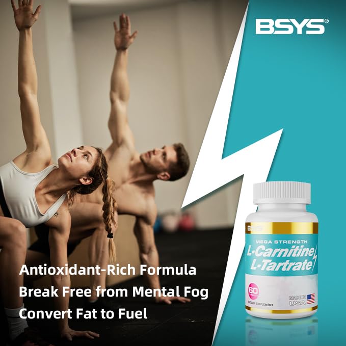 BSYS L-Carnitine bottle pour showing convenient two-capsule servings
