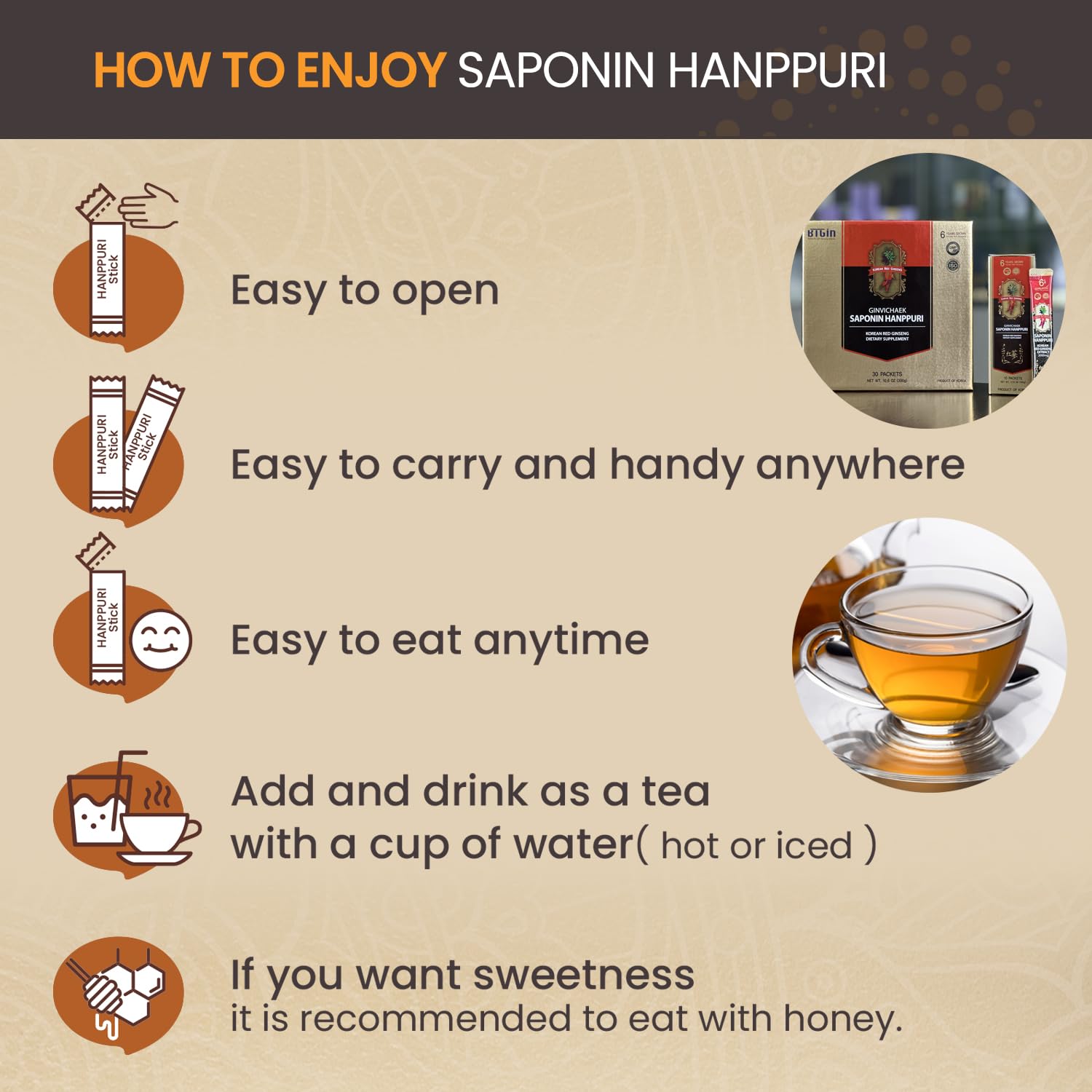 BTGIN Saponin Hanppuri Korean red ginseng roots close-up emphasizes natural extract quality.